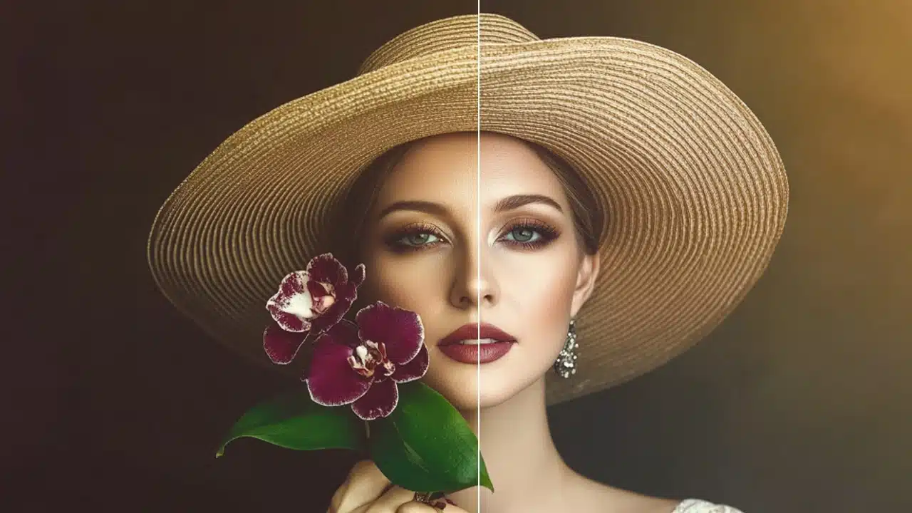 Before-and-after split view of a woman in a straw hat holding a flower, showing original and color-corrected adjustments.