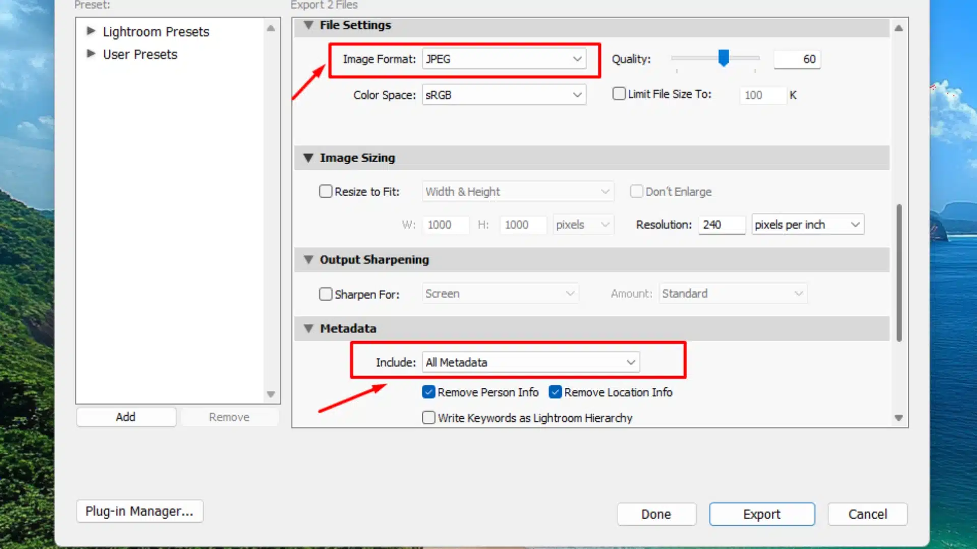 Lightroom Classic export window showing settings to retain metadata for 360-degree photos.