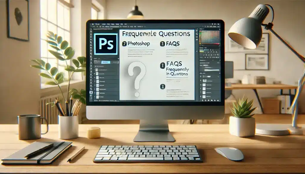 A computer on a desk displaying Photoshop with a Frequently Asked Questions (FAQs) section on the screen.