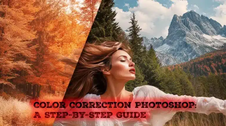 A before-and-after comparison of a photo with color correction in Photoshop, showing one side dull and the other vibrant, with subtle Photoshop interface elements in the background.