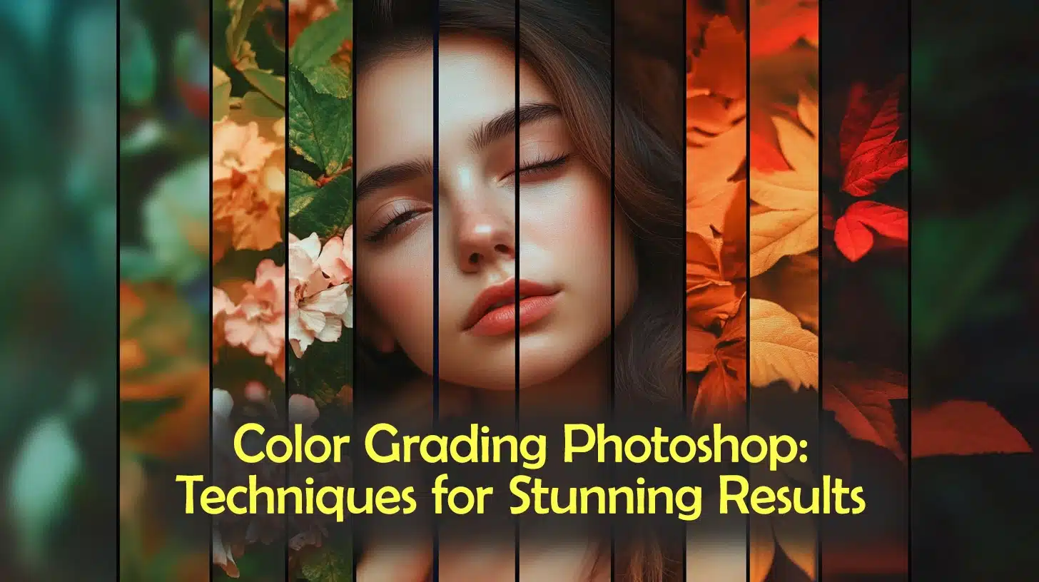 A series of images with consistent color grading displayed side by side, each with a cohesive color palette, and Photoshop's color grading panel subtly visible in the background.