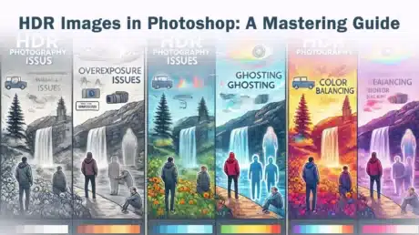 A photographer outdoors setting up equipment for HDR imaging, including a sturdy tripod, a DSLR camera with manual settings, and a wide-angle lens. The scene also shows the camera capturing multiple exposures to achieve a high dynamic range image.