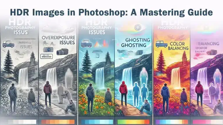 A photographer outdoors setting up equipment for HDR imaging, including a sturdy tripod, a DSLR camera with manual settings, and a wide-angle lens. The scene also shows the camera capturing multiple exposures to achieve a high dynamic range image.