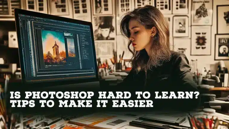 A woman sitting at a desk in a creative workspace, focused on a computer screen displaying a Photoshop editing interface. Text overlay reads: 'Is Photoshop Hard to Learn? Tips to Make It Easier.