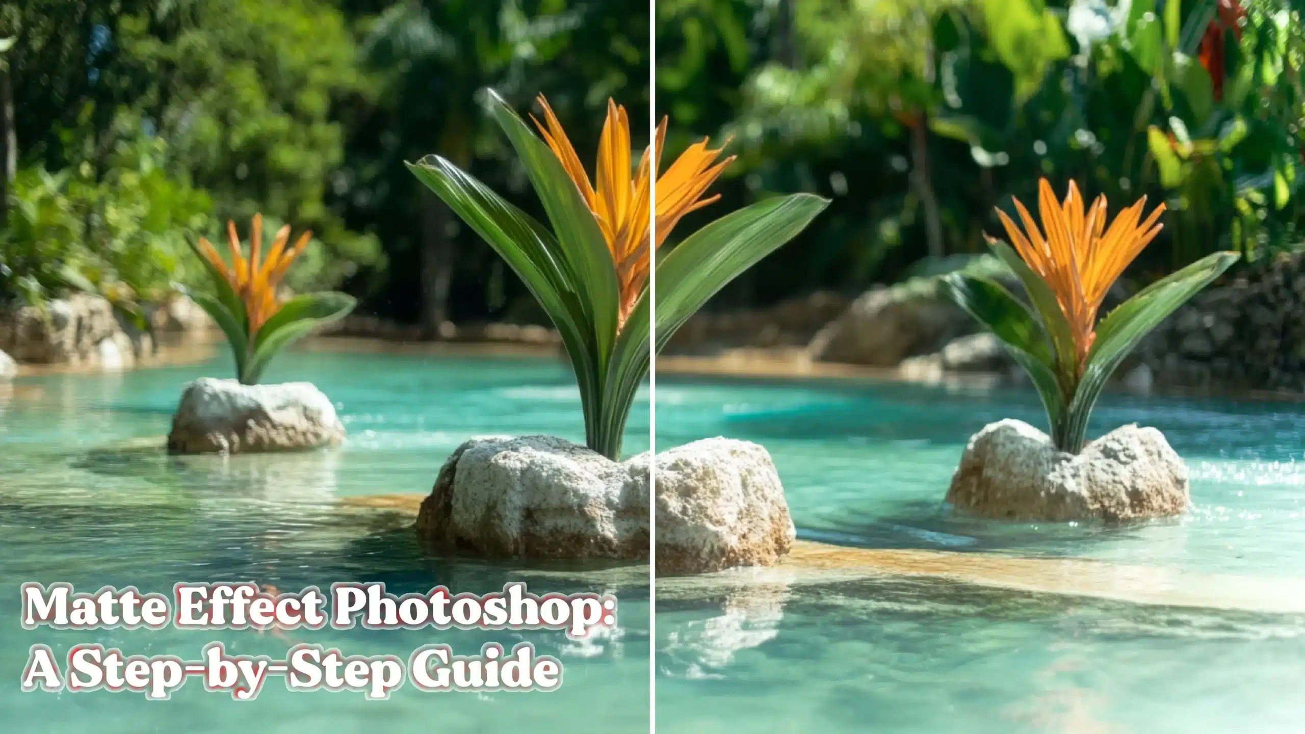 Before-and-after image showing the matte effect applied to a tropical scene of bird of paradise flowers by a pool, with editing adjustments in Photoshop.