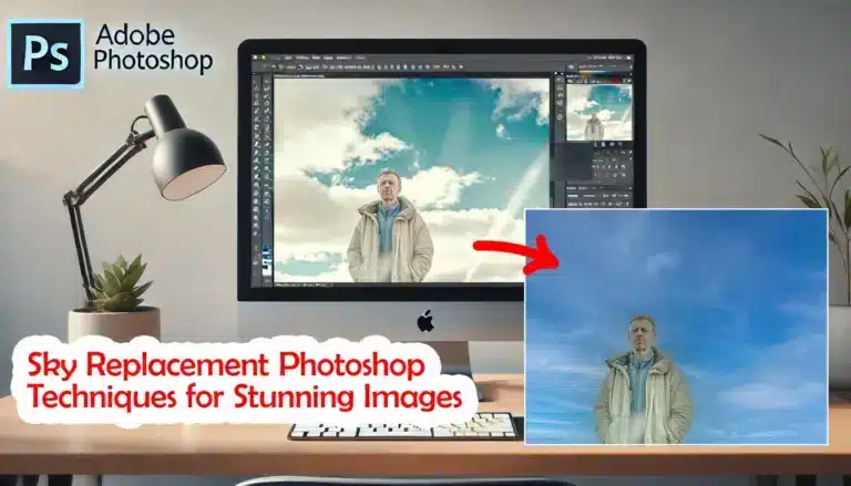 A modern desktop computer on a minimalist desk, showing Adobe Photoshop with the Sky Replacement feature in use. The screen displays a landscape with a sky being replaced, alongside a FAQ panel on the Photoshop interface. The desk includes a coffee mug labeled "FAQs" and a pencil holder.