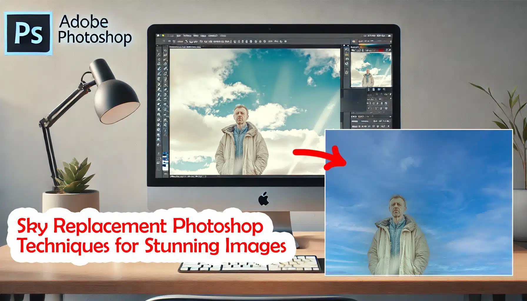 A modern desktop computer on a minimalist desk, showing Adobe Photoshop with the Sky Replacement feature in use. The screen displays a landscape with a sky being replaced, alongside a FAQ panel on the Photoshop interface. The desk includes a coffee mug labeled "FAQs" and a pencil holder.