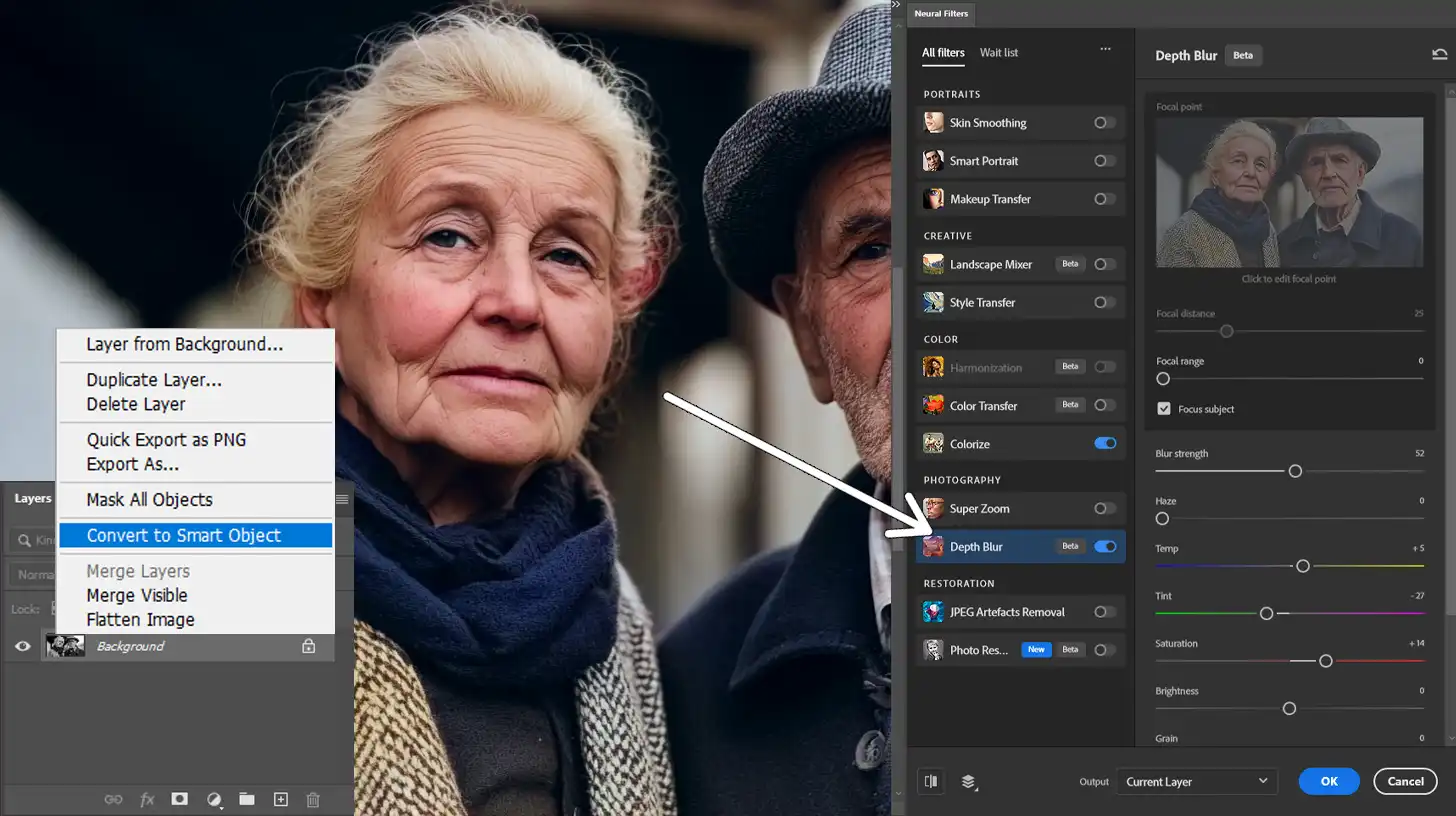 Using Photoshop's neural filters to customize and adjust portraits with AI control