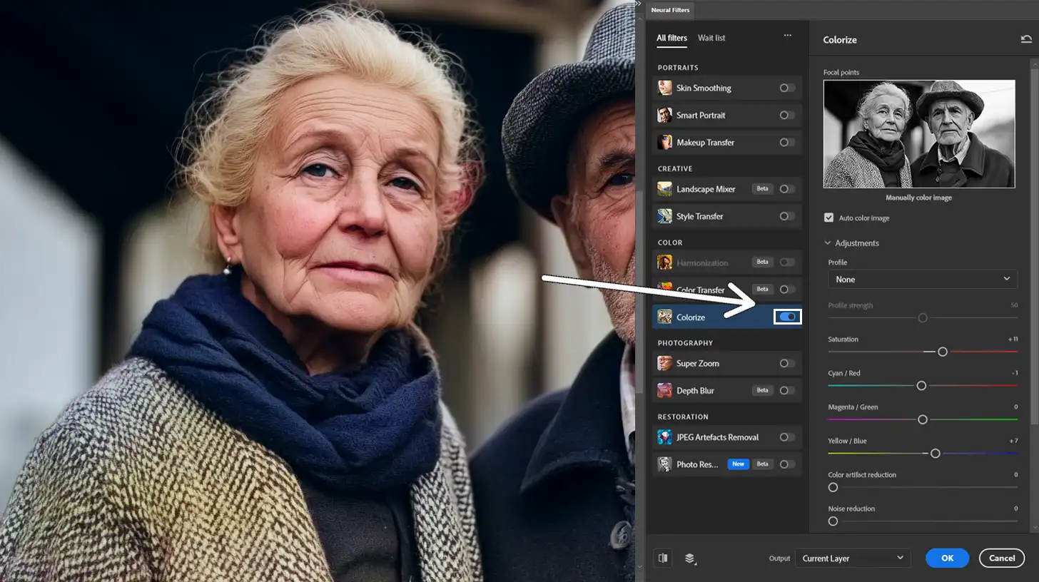 Using the Colorize filter in Ps to turn a black and white photo into color