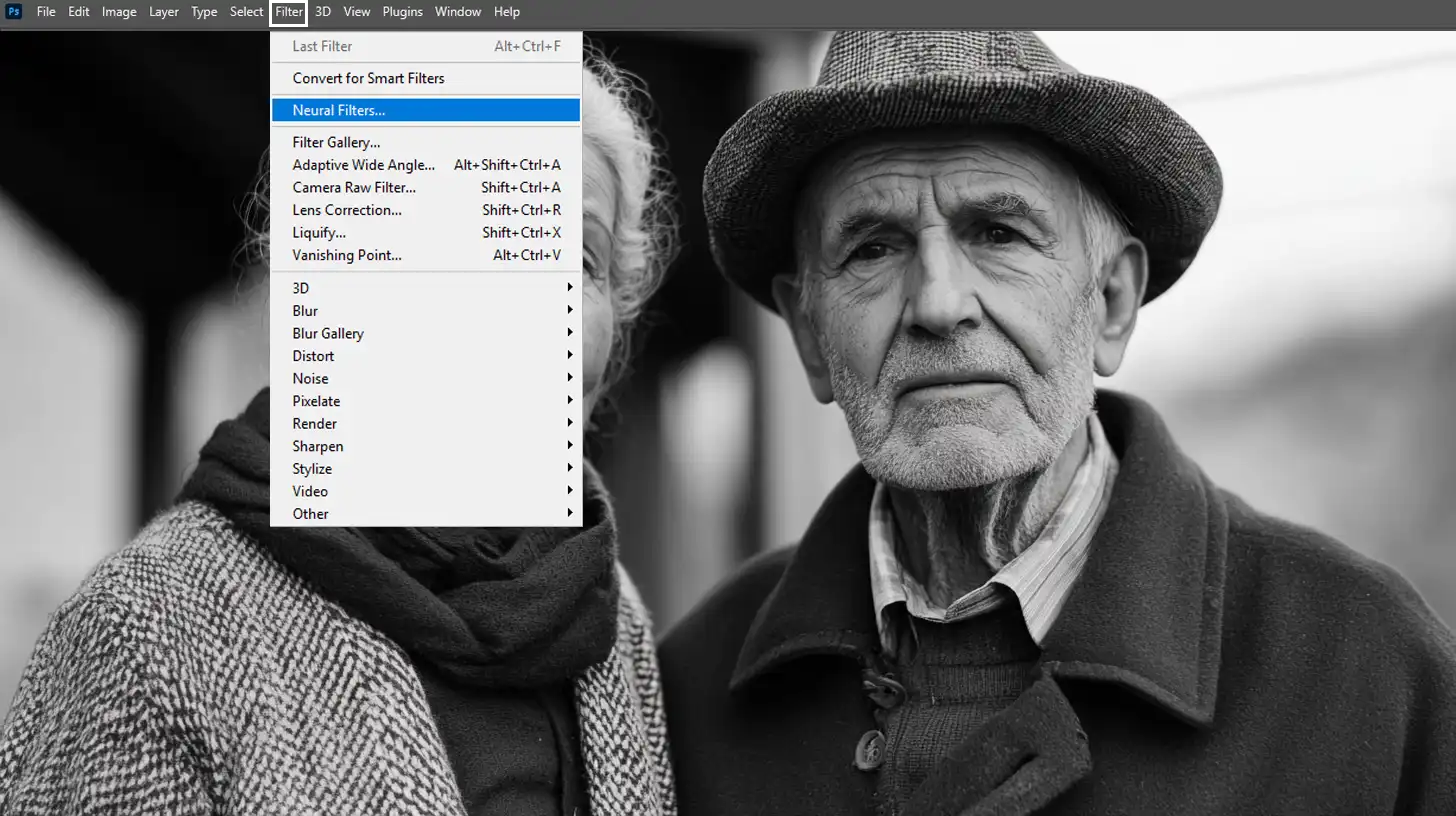 Navigating the Photoshop menu to access Neural Filters