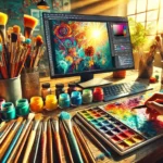 Close-up of an artist's workspace featuring colorful paintbrushes, a color palette, and a computer screen displaying digital artwork, representing the process of how to change brush color in Photoshop