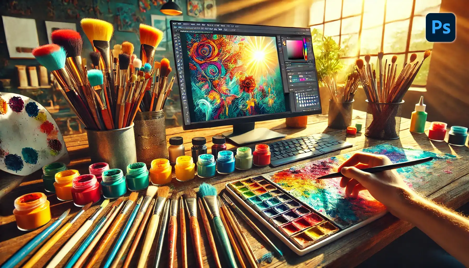 Close-up of an artist's workspace featuring colorful paintbrushes, a color palette, and a computer screen displaying digital artwork, representing the process of how to change brush color in Photoshop