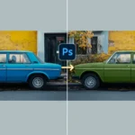 A split image showcasing a blue car on the left and a green car on the right, demonstrating color change in Photoshop