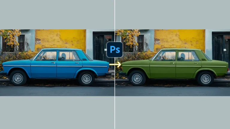 A split image showcasing a blue car on the left and a green car on the right, demonstrating color change in Photoshop