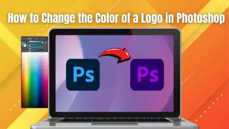 Laptop screen showing Photoshop logo color change with a color picker tool and an arrow illustrating the transformation.