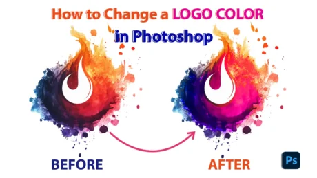 Graphic showing the process of replacing a brand palette in Pswith a before and after comparison