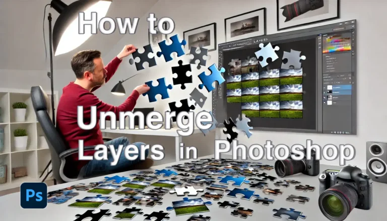 A focused individual working on a computer, surrounded by puzzle pieces representing the concept of how to unmerge layers in Photoshop
