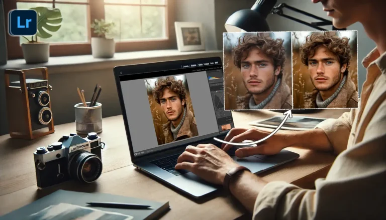 Photographer editing a portrait photo in Lightroom with adjustments visible on the screen, showcasing Lightroom's editing tools
