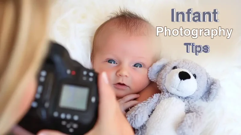 Close-up of an infant with a teddy bear during a photography session, representing baby shooting guidelines