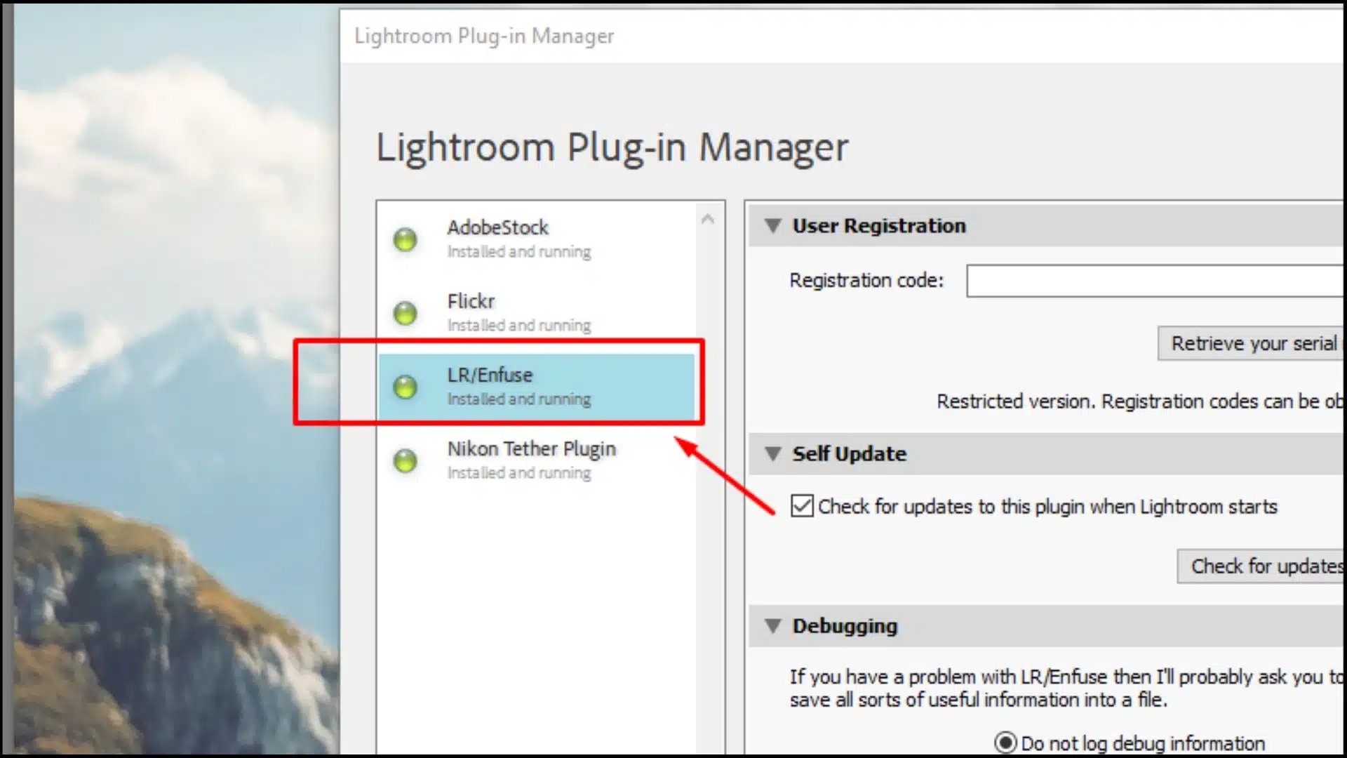 Screenshot of Lightroom Plugin Manager showing LR Enfuse installed and running.