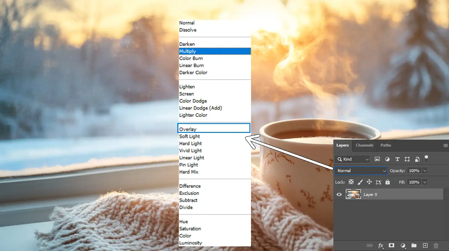 Photoshop layer management tools and blending options to enhance image editing
