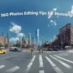 Wide-angle cityscape panorama with text overlay "Lightroom 360 Photos Editing Tips for Stunning Panoramas"