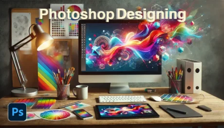 Creative workspace for Ps illustrating featuring vibrant digital art on screen, colorful tools, and design elements