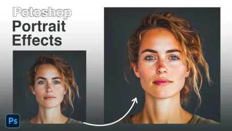 A comparison image showing the transformation of a portrait using Photoshop portrait effects
