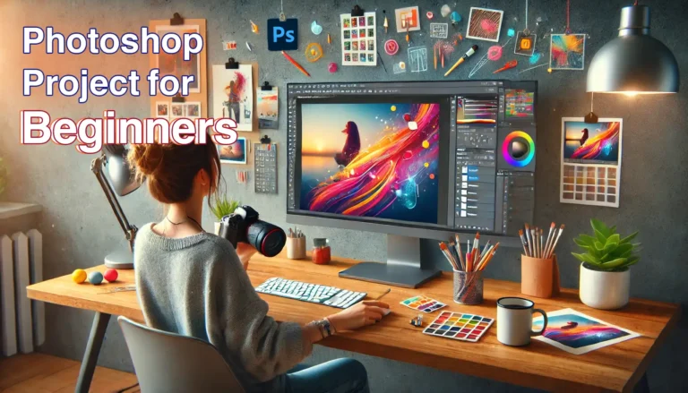 Photoshop project for beginners with a creative workspace and a person learning the basics of Photoshop