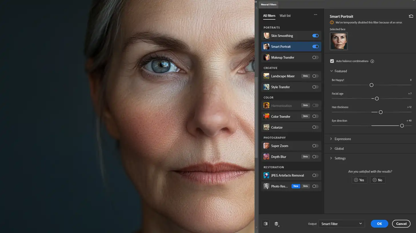 Applying portrait neural filters for skin smoothing and facial enhancement in Photoshop
