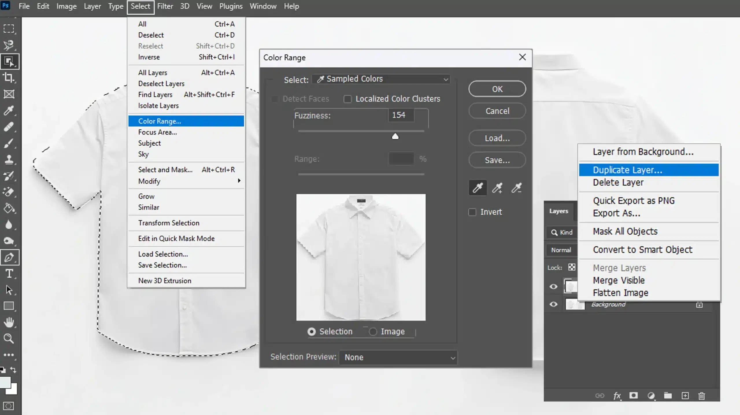 Photoshop workspace with shirt image loaded for color change
