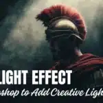 A dramatic spotlight effect created in Photoshop highlighting a warrior in a helmet with a red plume, showcasing depth and creative lighting.