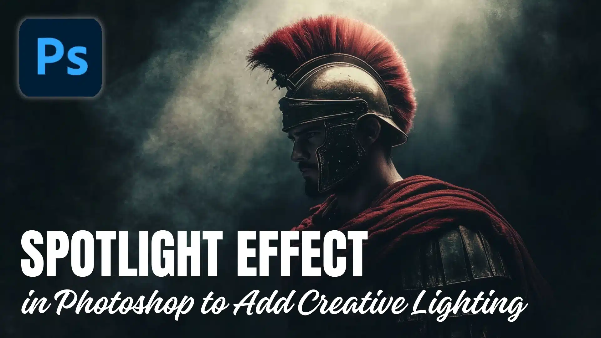 A dramatic spotlight effect created in Photoshop highlighting a warrior in a helmet with a red plume, showcasing depth and creative lighting.