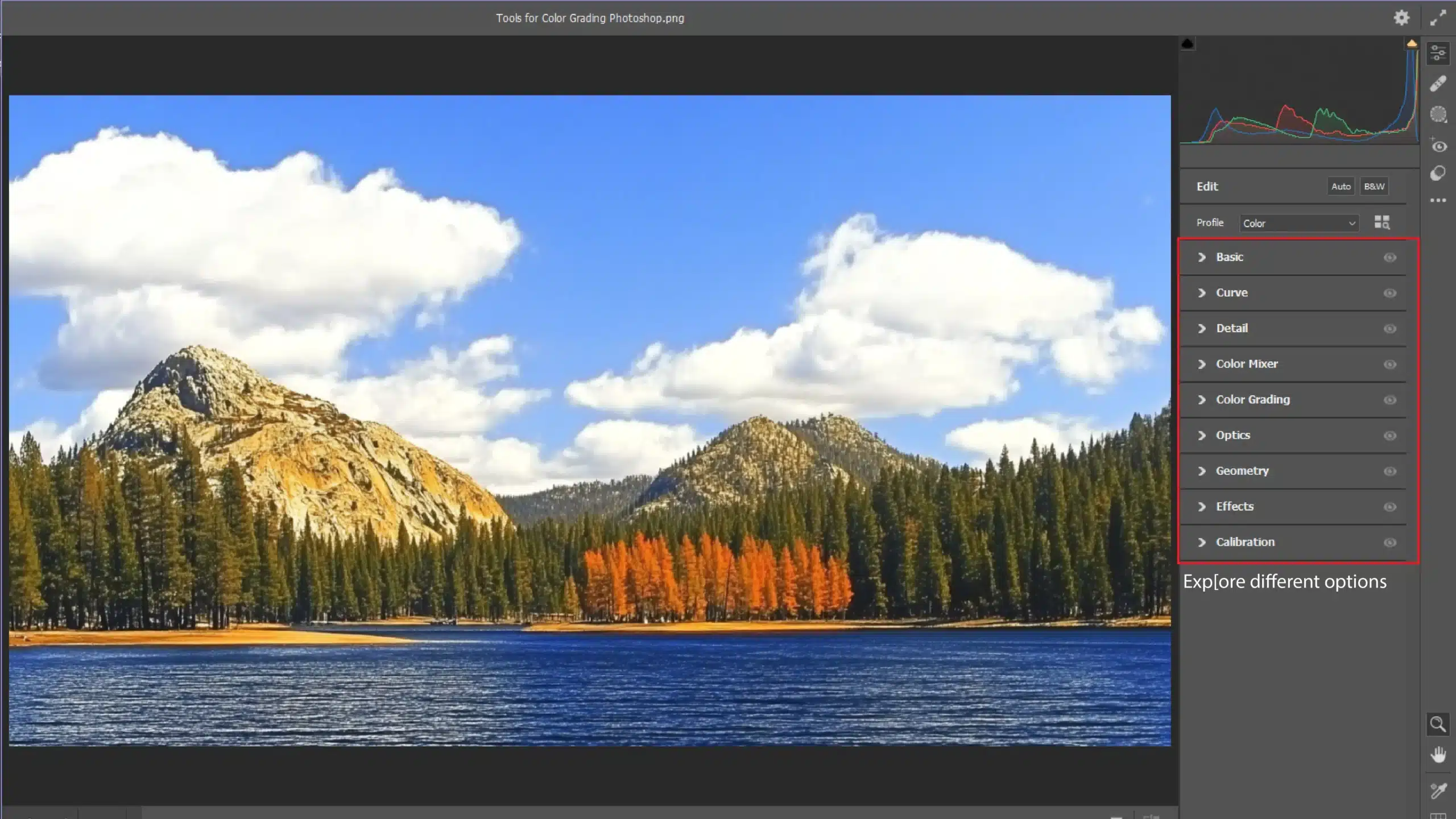 A screenshot of a landscape photo being edited in Photoshop’s Camera Raw Filter, showcasing various color grading options like Basic, Curve, Detail, and Color Mixer panels on the right side of the interface.