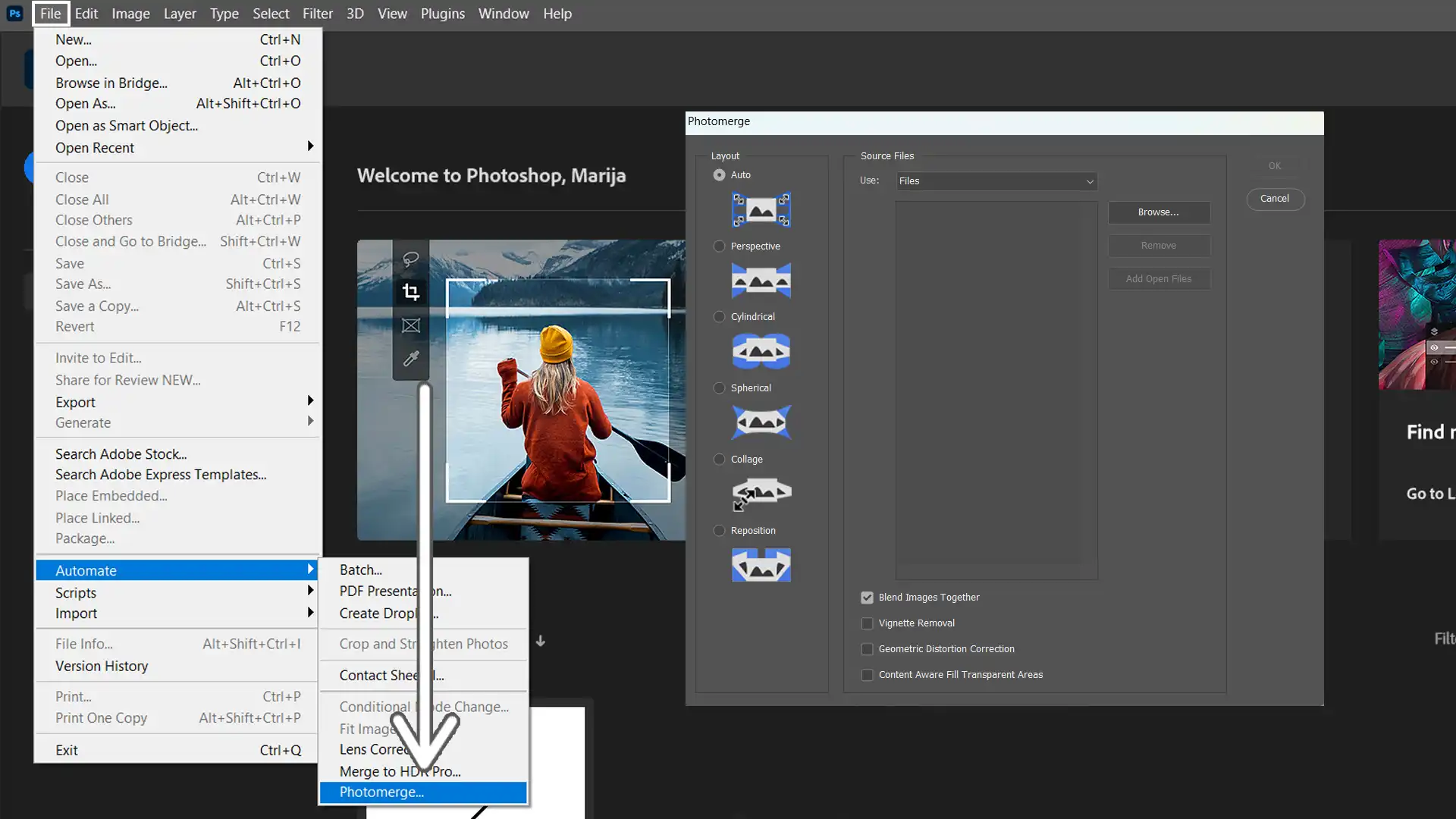 Photoshop interface showing the Photomerge tool for creating panoramas