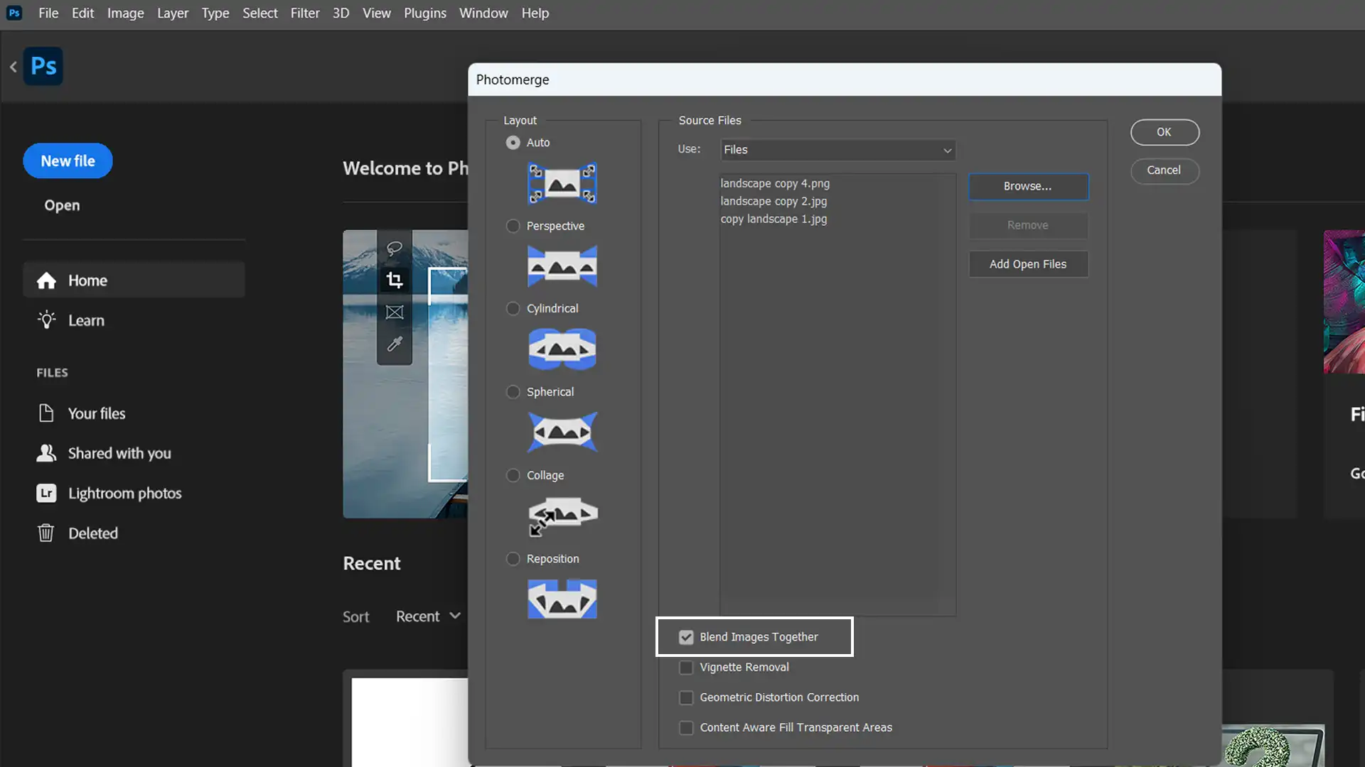 Blending multiple images in Ps's Photomerge dialog box for a wide view picture