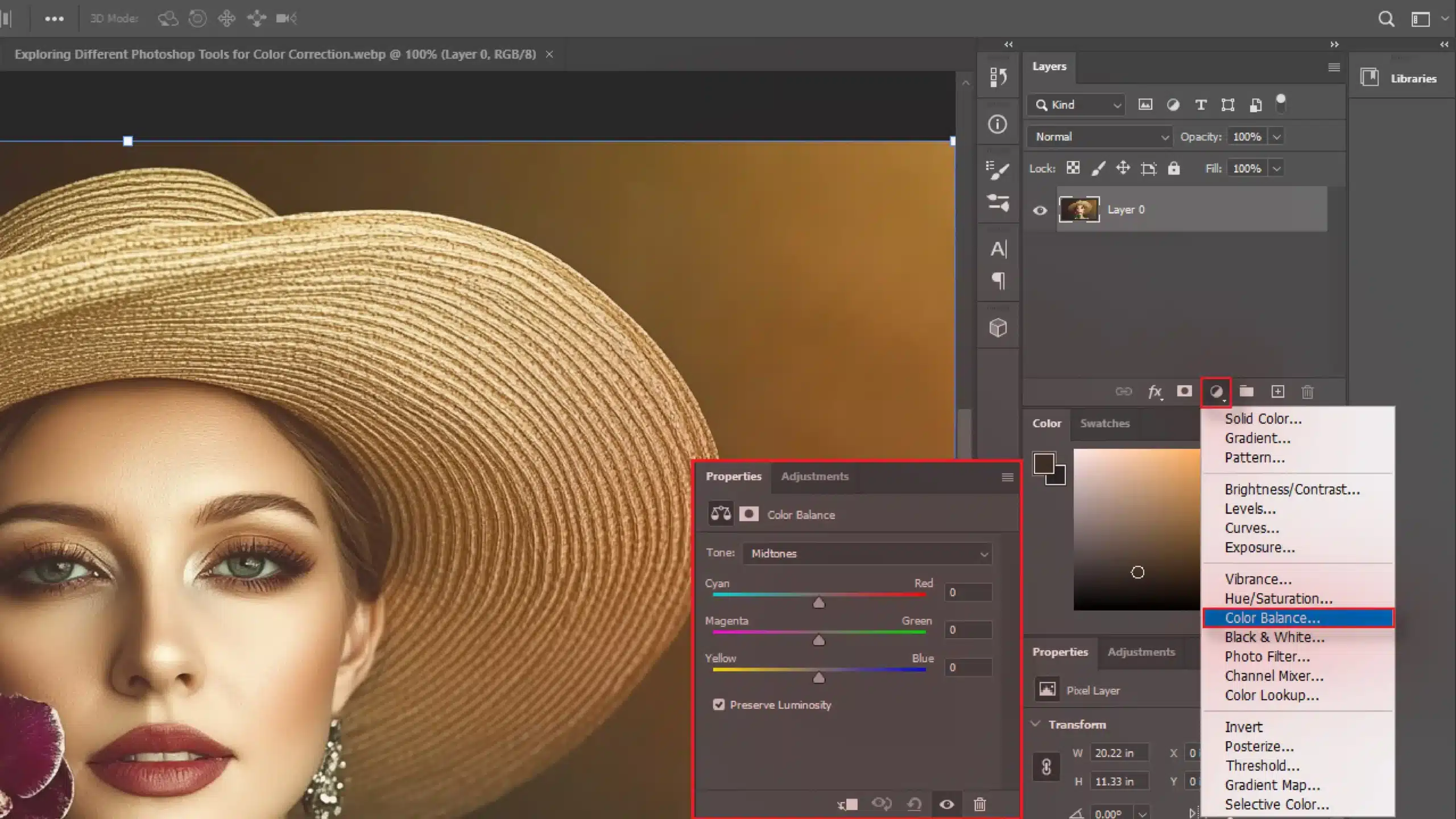 Photoshop interface showing color balance adjustment settings applied to enhance the color tones in a portrait.