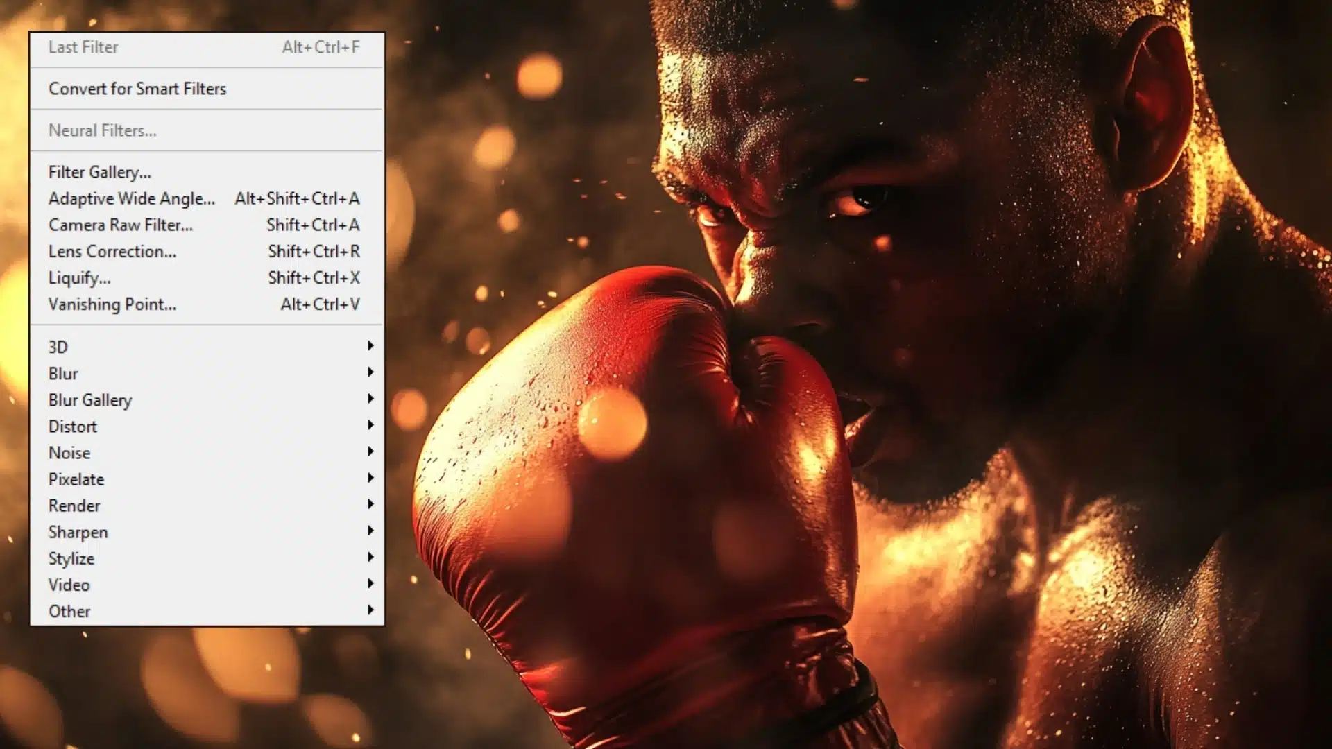 A boxer with dramatic lighting effects in Photoshop, showcasing the Filter menu options for professional spotlight creation.