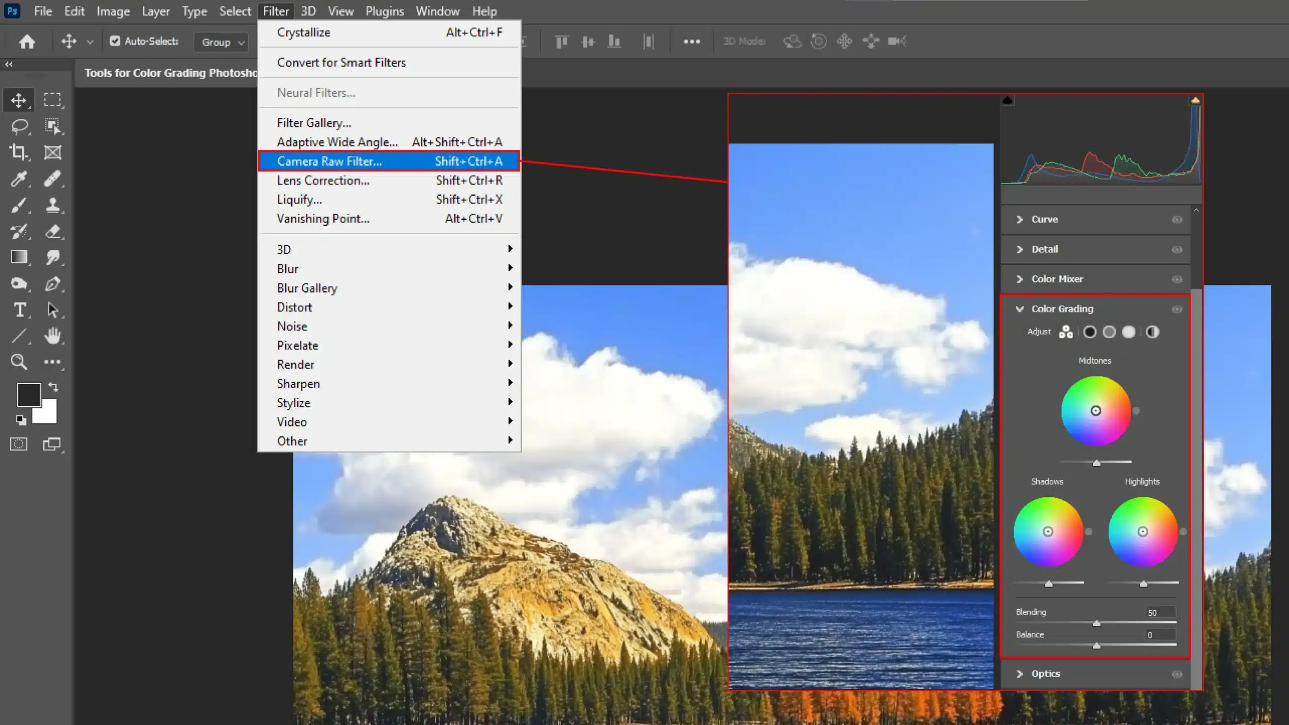 A screenshot of Photoshop's interface showcasing the Camera Raw Filter menu and the color grading panel with color wheels for midtones, shadows, and highlights. A vibrant landscape image is displayed in the workspace.