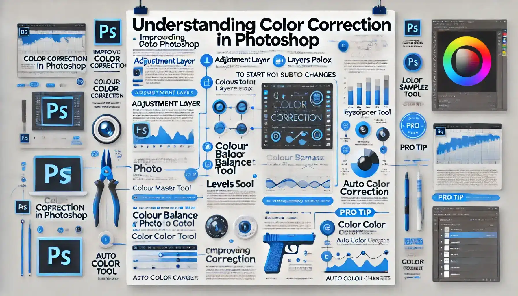 Infographic titled 'Understanding Color Correction in Photoshop,' listing basic tools for color correction with explanations and a pro tip at the bottom.