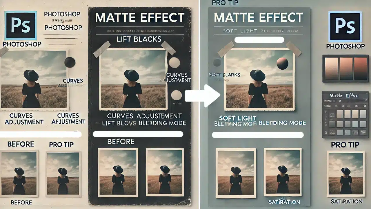 A photo illustrating the matte effect in Photoshop with a side-by-side comparison of a portrait before and after applying the effect. The “Before” side has high contrast and sharp details, while the “After” side shows softened shadows and a nostalgic, vintage feel.