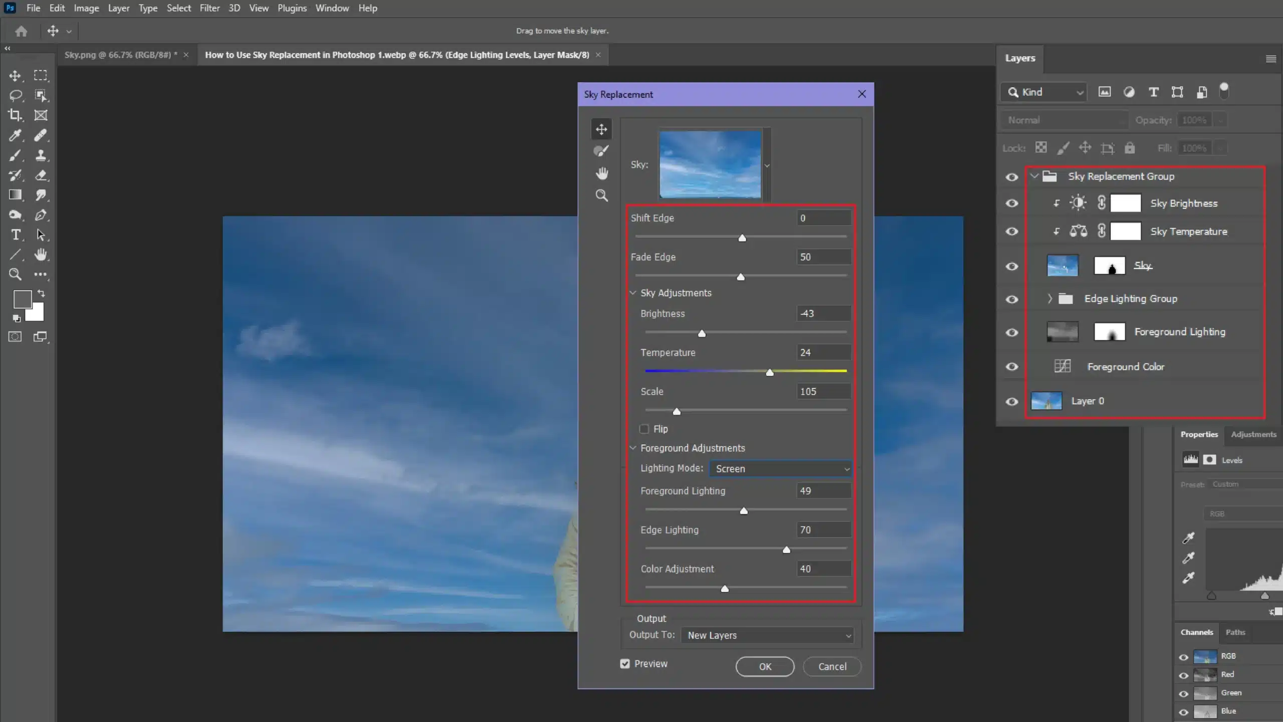 A Photoshop interface displaying the Sky Replacement tool in use, with various adjustment sliders for brightness, temperature, scale, and lighting mode. The Layers panel on the right shows the organized layers related to sky replacement adjustments.