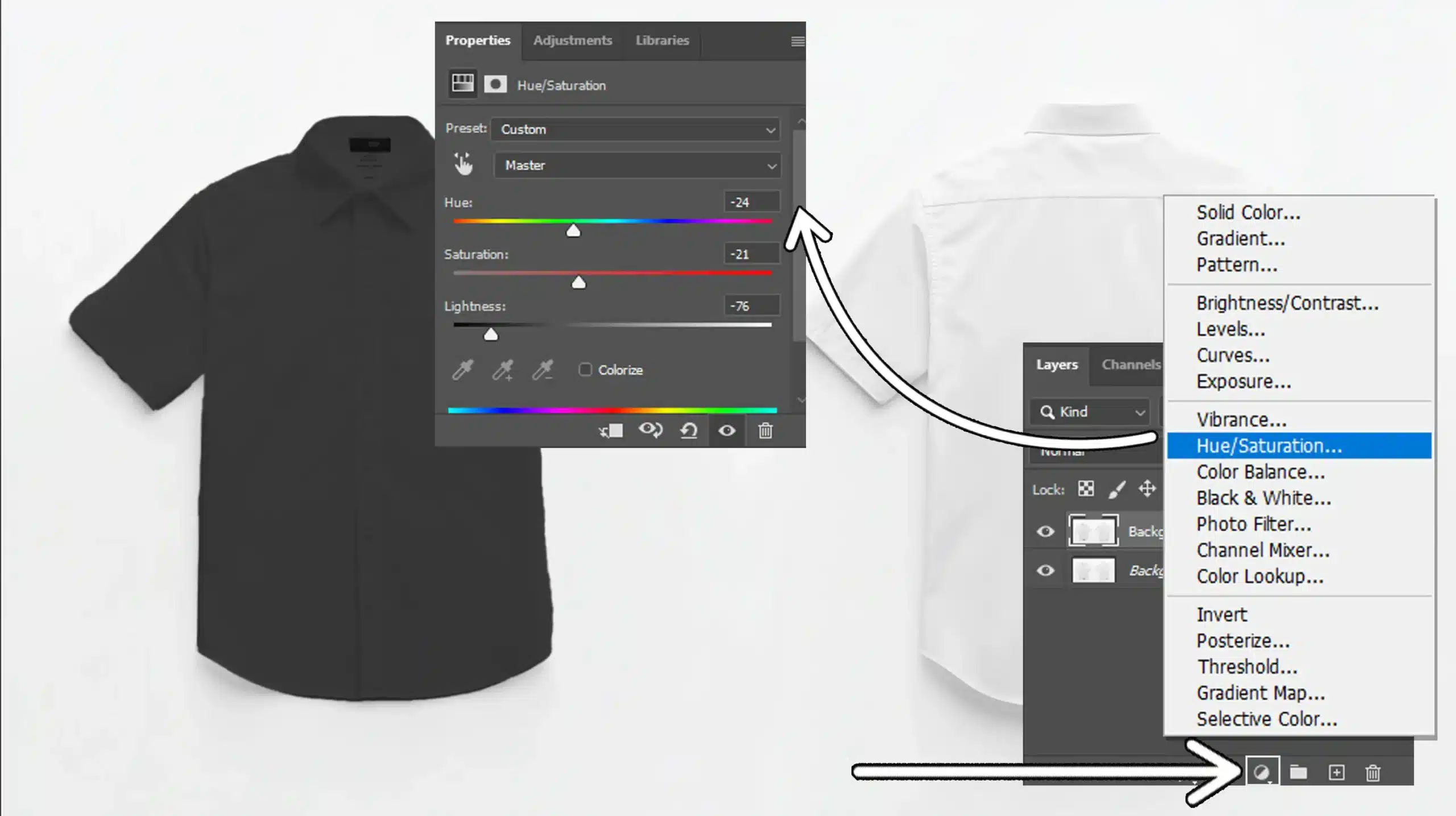 Adjustment layer settings in Photoshop for changing shirt color