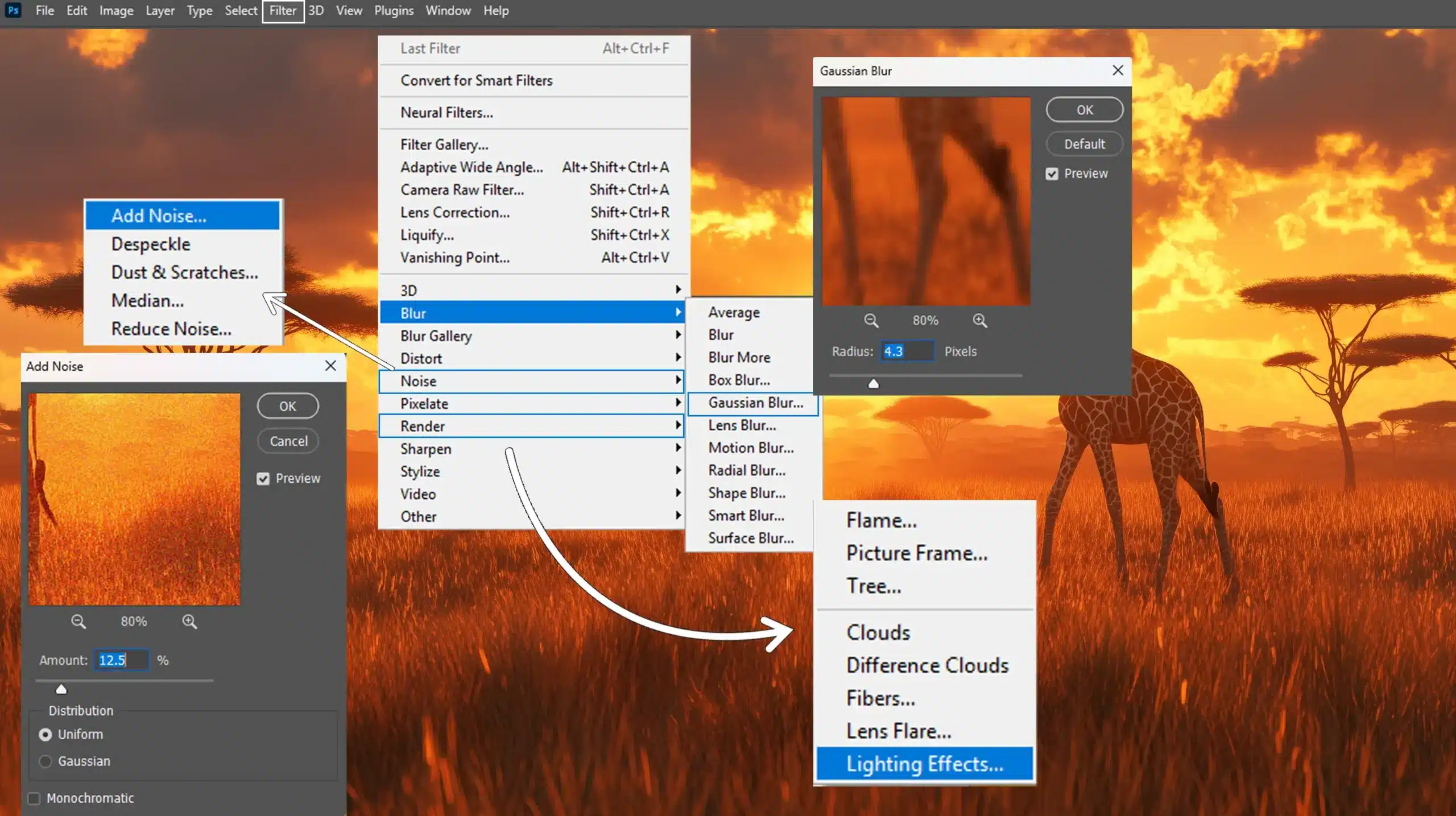 Ps filters and effects including Gaussian Blur and Lighting Effects for enhanced image editing