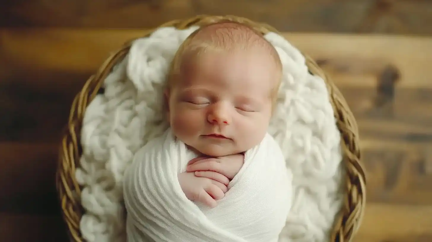 A baby wrapped in soft fabrics and surrounded by photography props