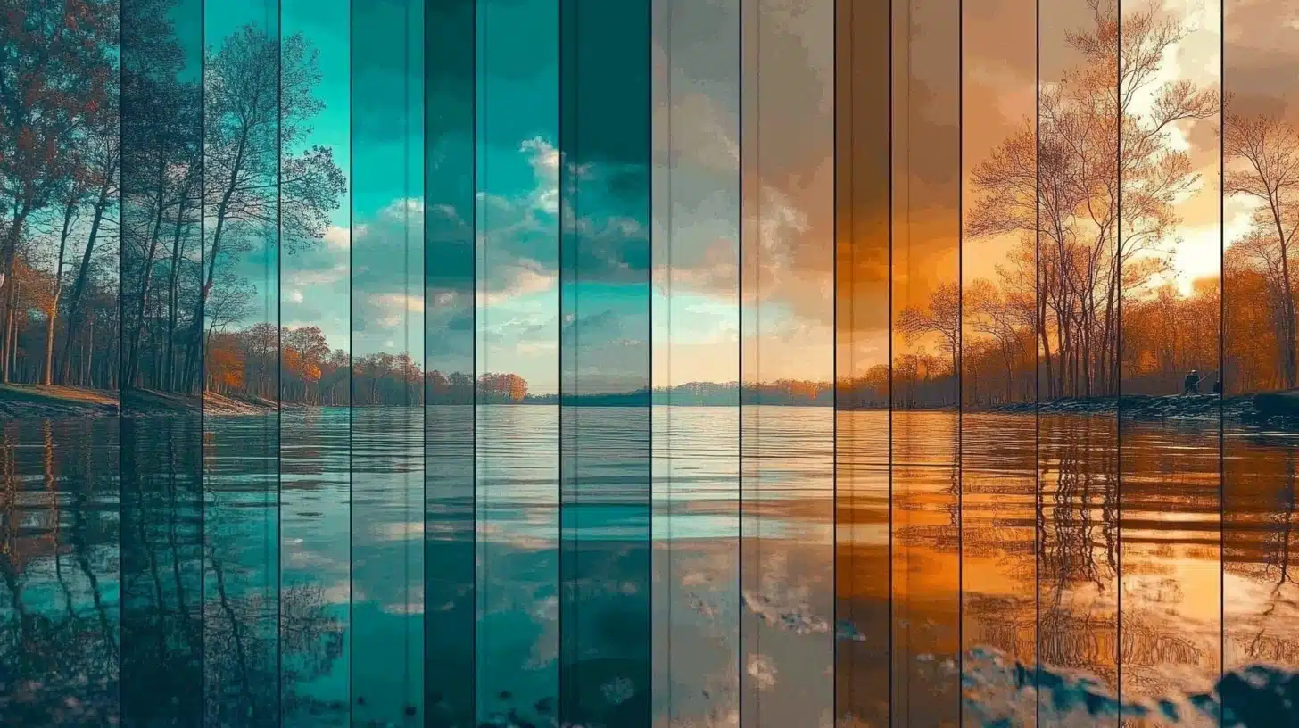 A side-by-side series of consistently color-graded images, each with a cohesive palette, with a subtle Photoshop color grading panel in the background.
