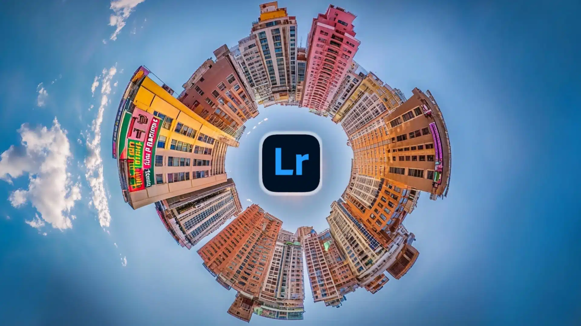 Circular panoramic cityscape with Lightroom logo in the center, symbolizing Lightroom's capabilities in 360 photo editing.