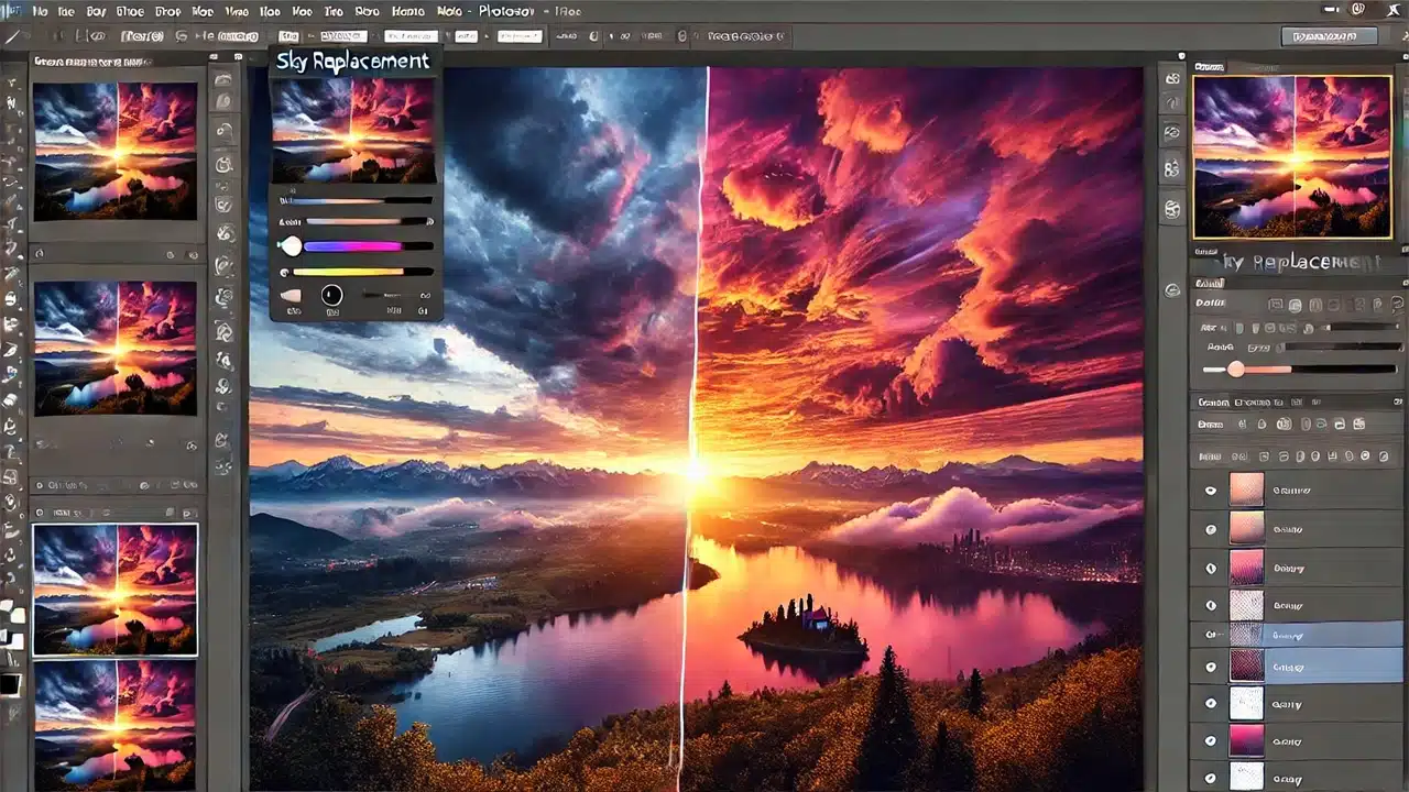 Image demonstrating Photoshop's sky replacement feature. The left side shows a dull, overcast sky, while the right side showcases a vibrant sunset with rich colors, illustrating the transformation and enhancement of mood in the photo.