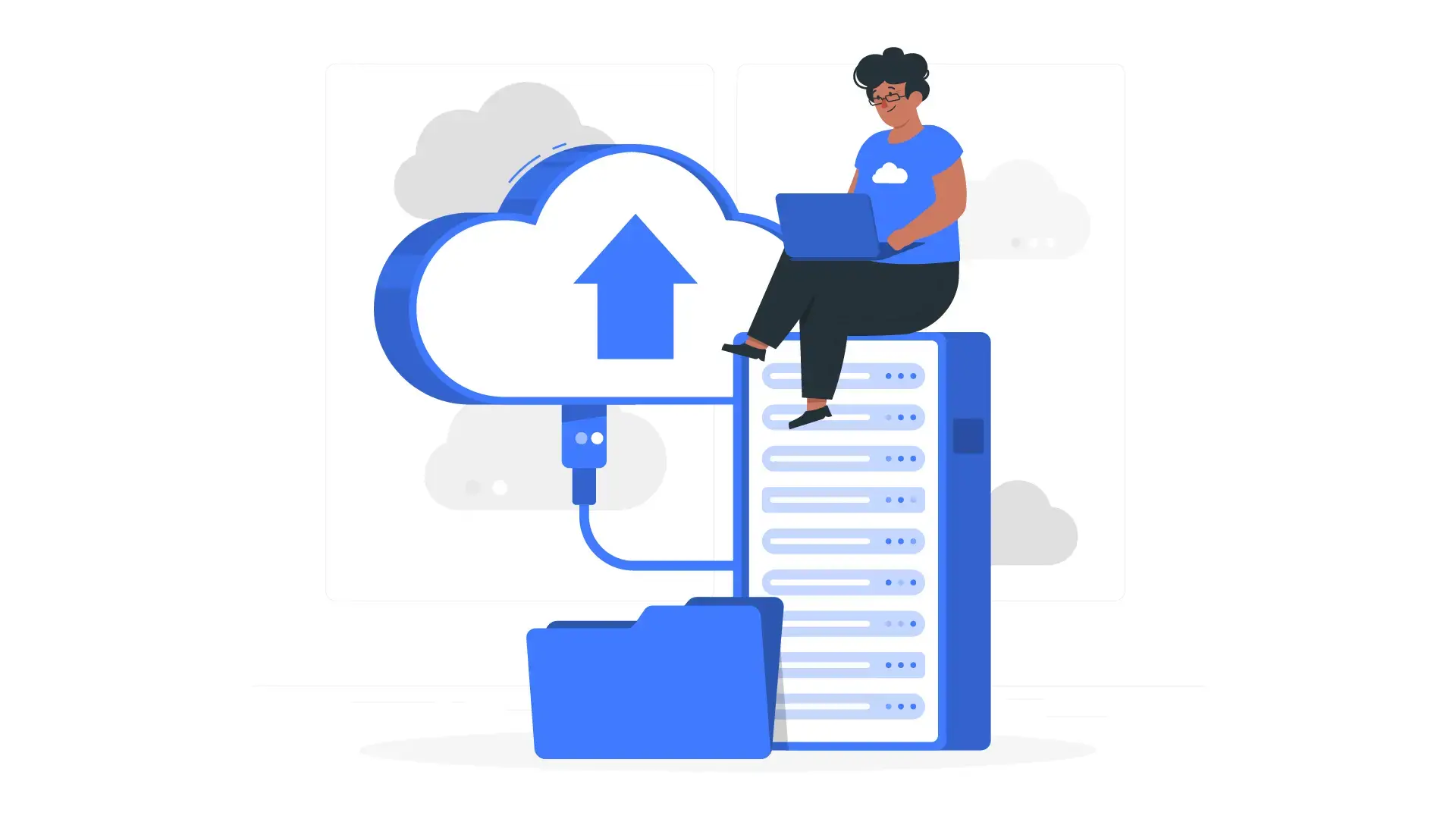 A designer working on a laptop sitting atop a server, with a cloud icon and an upward arrow symbolizing data upload.