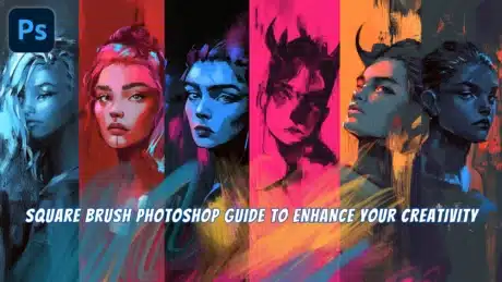 Colorful artistic portraits showcasing the use of Square Brush Photoshop for clean, sharp lines and creative designs.